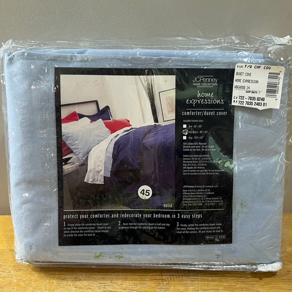 Vtg JCPenney Home Expressions Blue Duvet Cover Full Queen Solid Wedgwood USA New